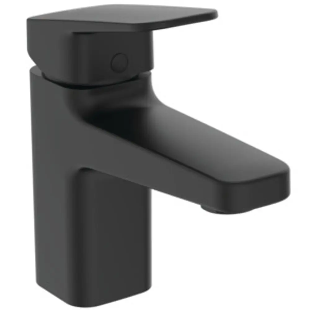 Schwarze Waschtischarmatur von Ideal Standard mit schlichter Form und einem Hebel. Geeignet für moderne Badezimmergestaltung.